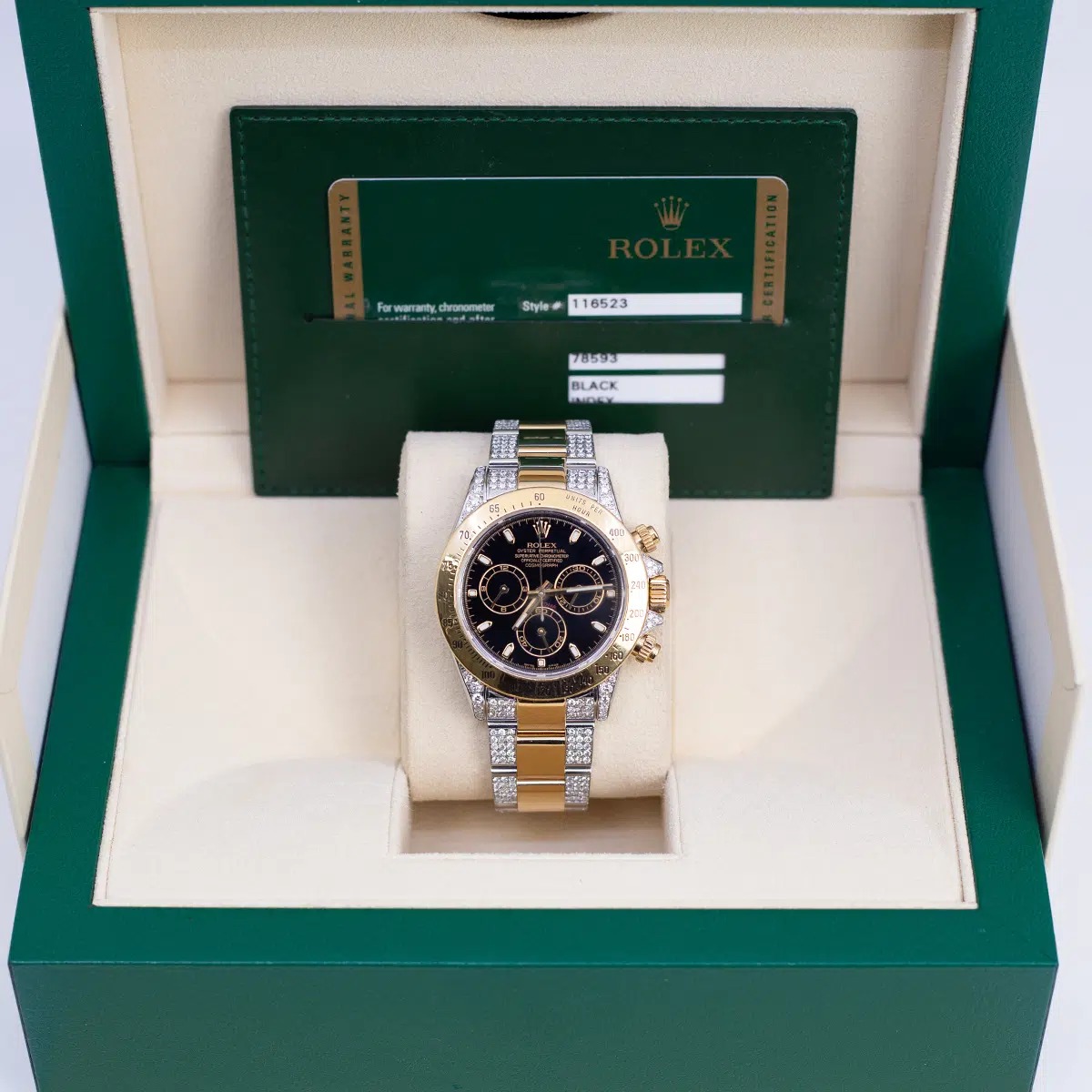 Rolex Daytona 116523 Black Dial Aftermarket Iced Out Bracelet and Lugs 40mm - Image 2