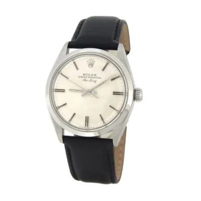 Rolex Air-King 5500 34mm Stainless Steel Watch Silver Linen Dial Leather Strap